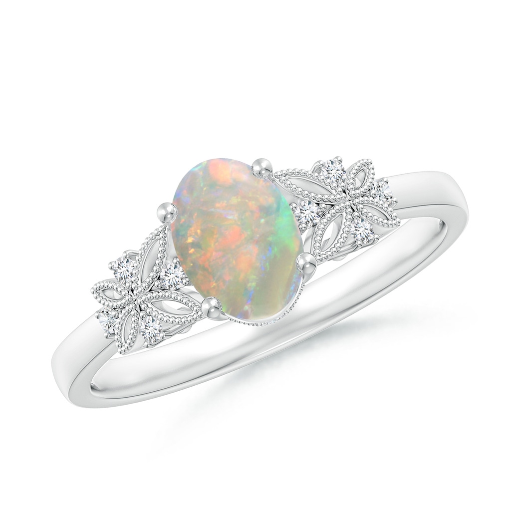 7x5mm AAAA Vintage Style Oval Opal Ring with Diamonds in White Gold