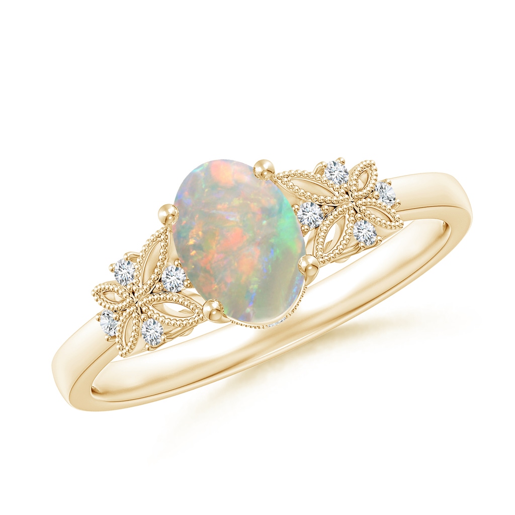 7x5mm AAAA Vintage Style Oval Opal Ring with Diamonds in Yellow Gold