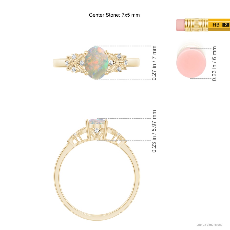 7x5mm AAAA Vintage Style Oval Opal Ring with Diamonds in Yellow Gold ruler