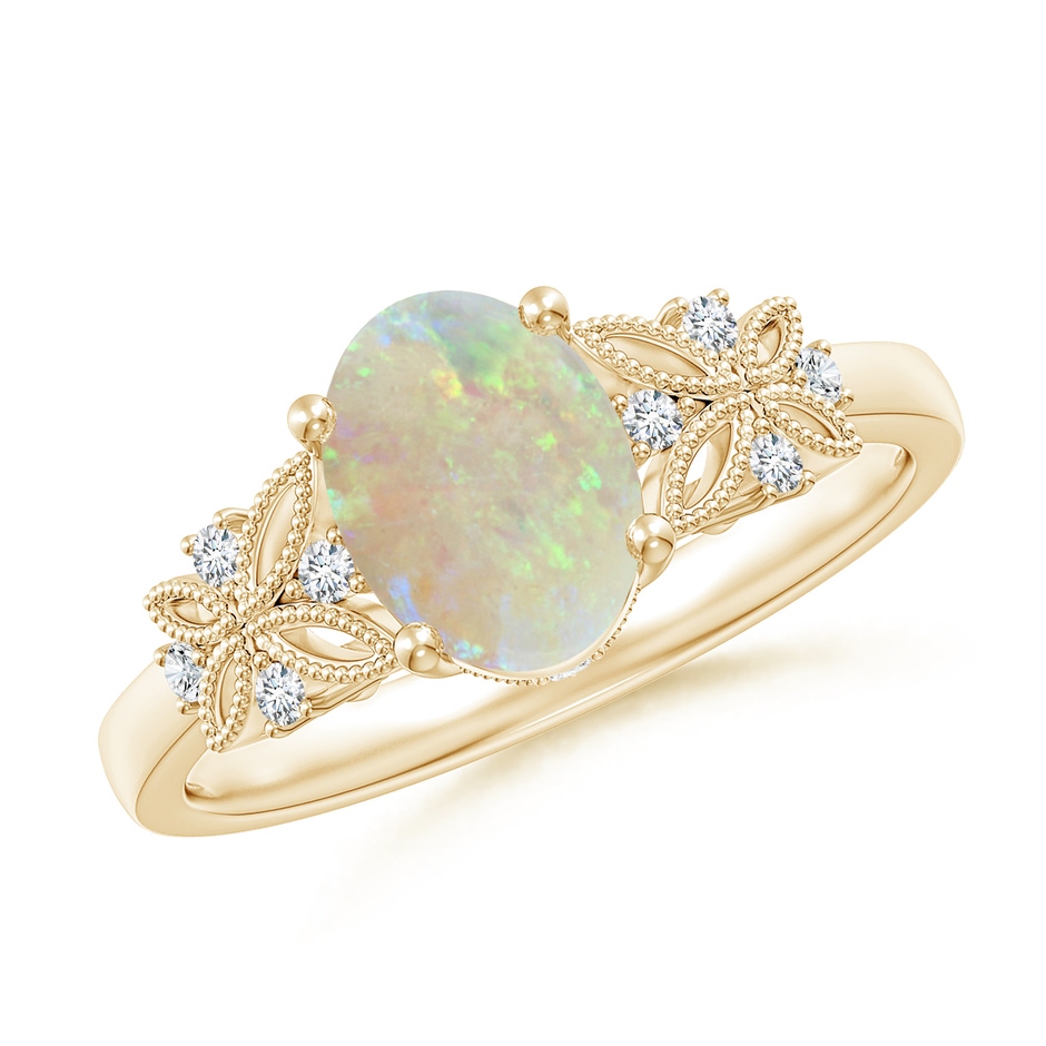 8x6mm AAA Vintage Style Oval Opal Ring with Diamonds in Yellow Gold 