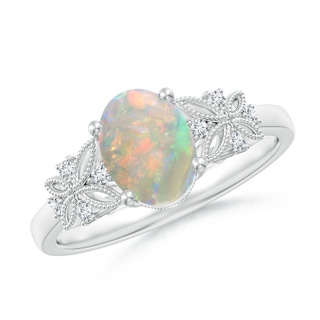8x6mm AAAA Vintage Style Oval Opal Ring with Diamonds in P950 Platinum