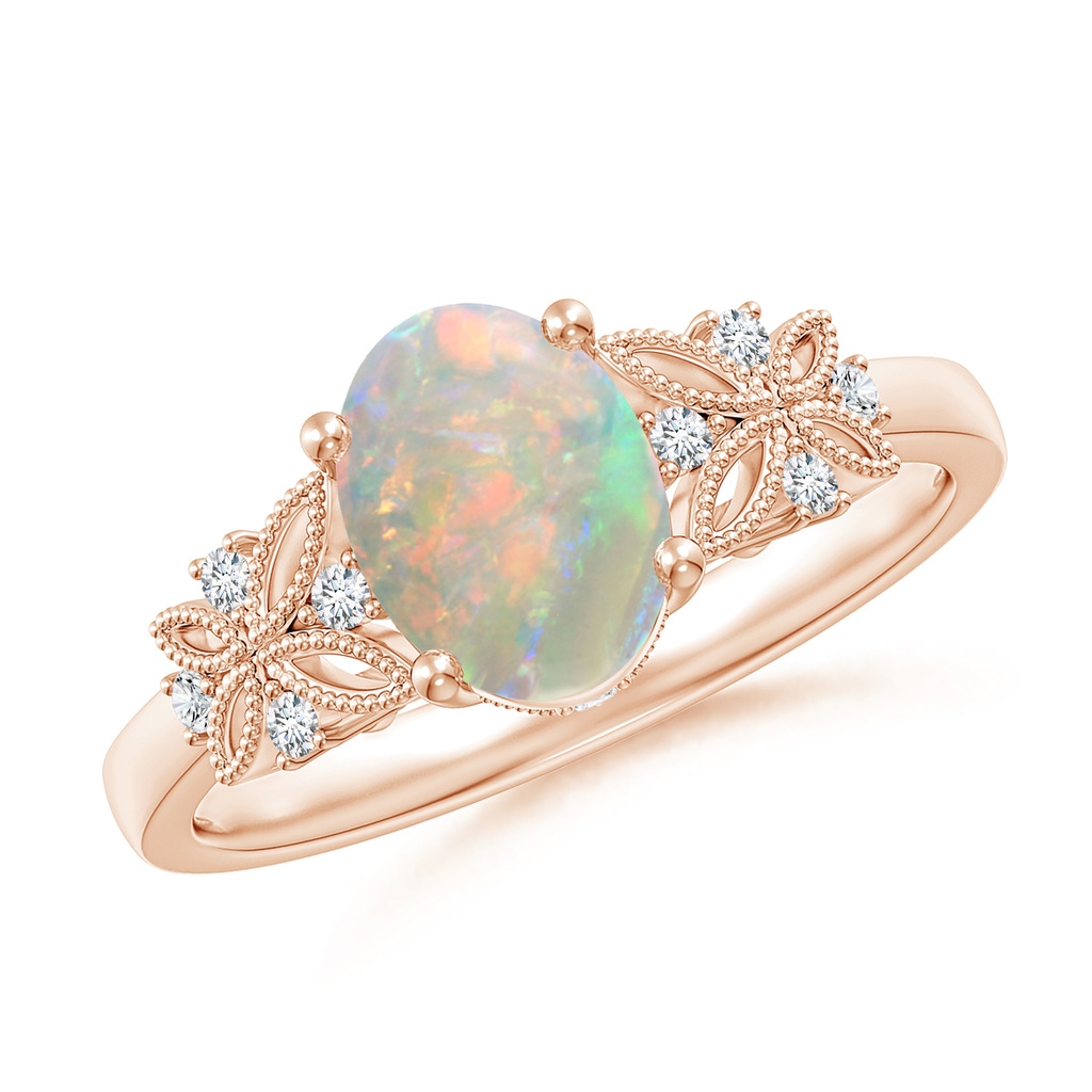 8x6mm AAAA Vintage Style Oval Opal Ring with Diamonds in Rose Gold