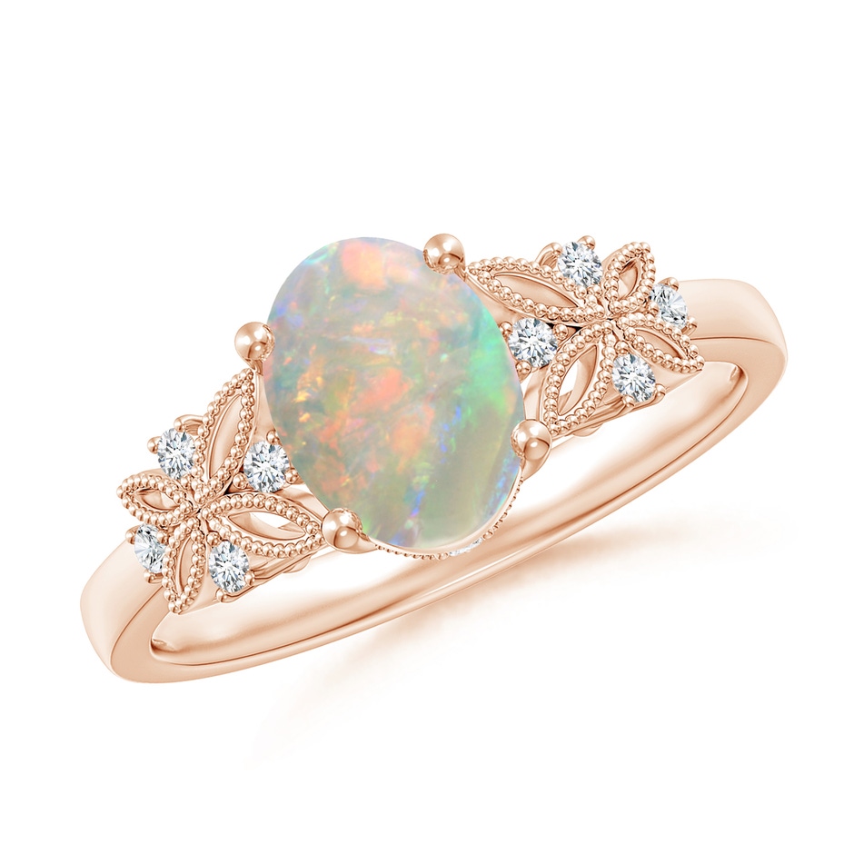 8x6mm AAAA Vintage Style Oval Opal Ring with Diamonds in Rose Gold 