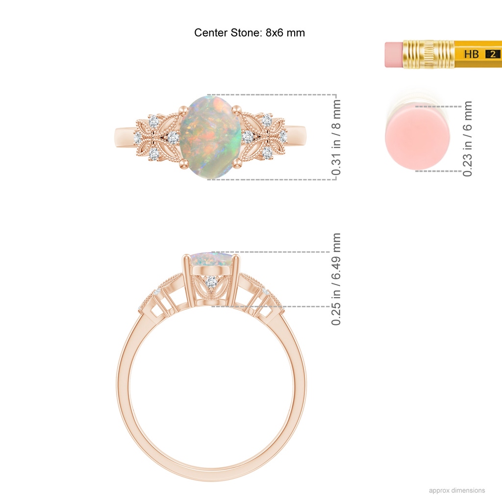 8x6mm AAAA Vintage Style Oval Opal Ring with Diamonds in Rose Gold Ruler