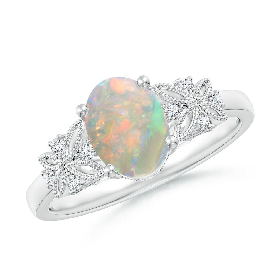 8x6mm AAAA Vintage Style Oval Opal Ring with Diamonds in White Gold 