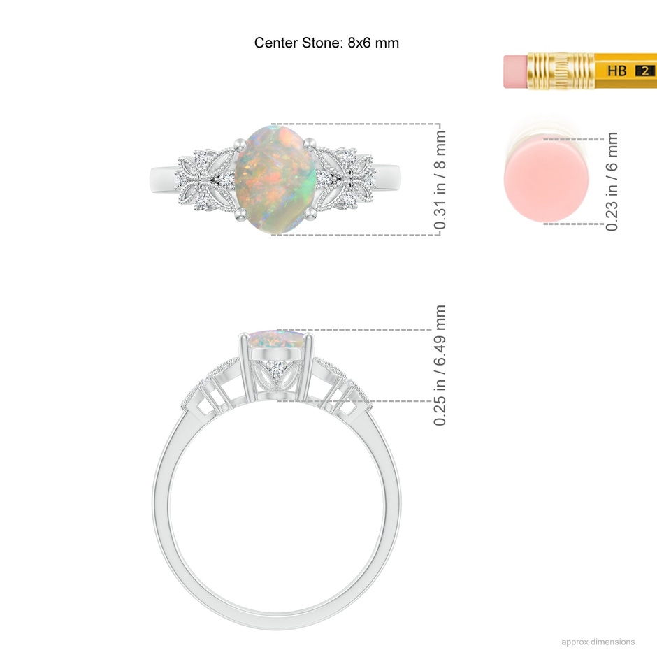 8x6mm AAAA Vintage Style Oval Opal Ring with Diamonds in White Gold ruler