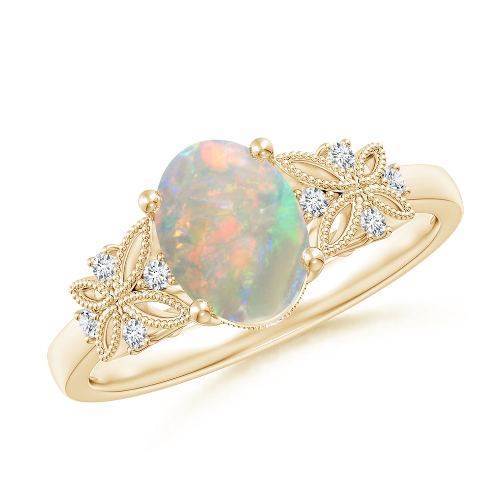 8x6mm AAAA Vintage Style Oval Opal Ring with Diamonds in Yellow Gold