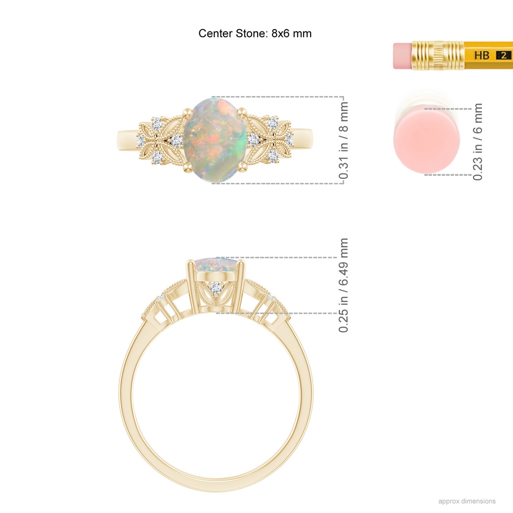 8x6mm AAAA Vintage Style Oval Opal Ring with Diamonds in Yellow Gold Ruler