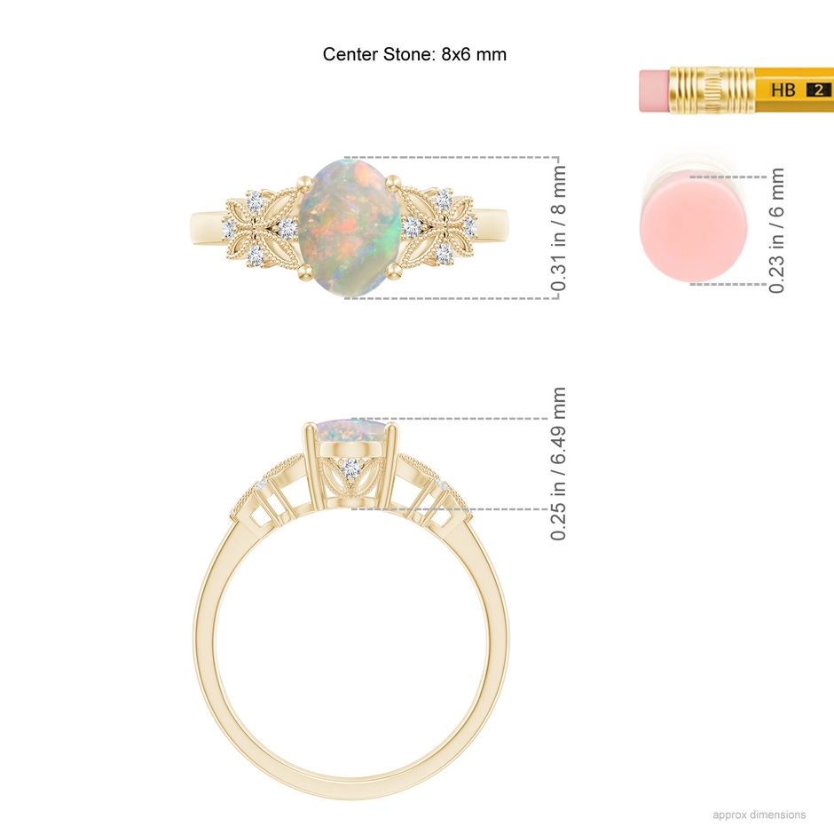 8x6mm AAAA Vintage Style Oval Opal Ring with Diamonds in Yellow Gold ruler