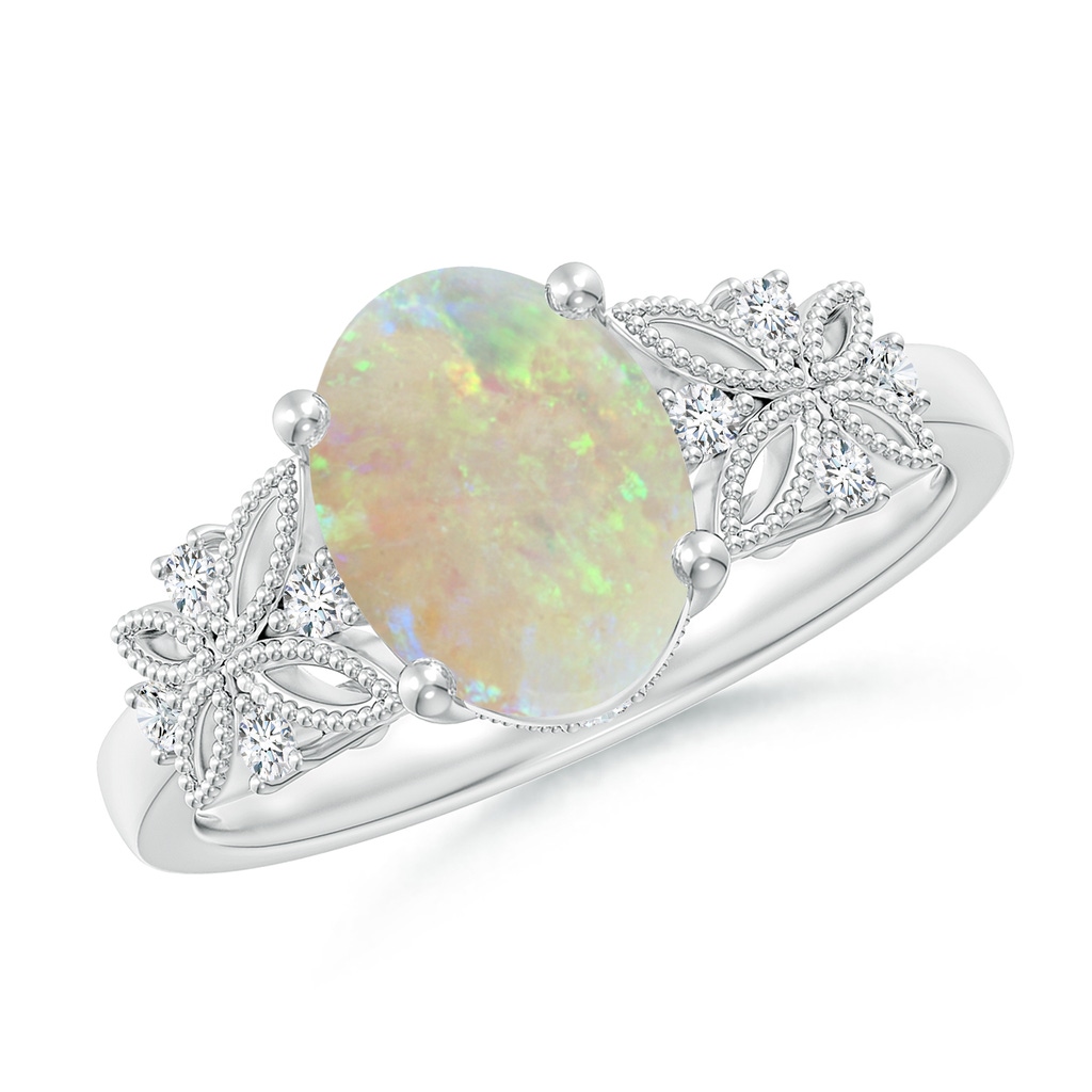 9x7mm AAA Vintage Style Oval Opal Ring with Diamonds in White Gold 