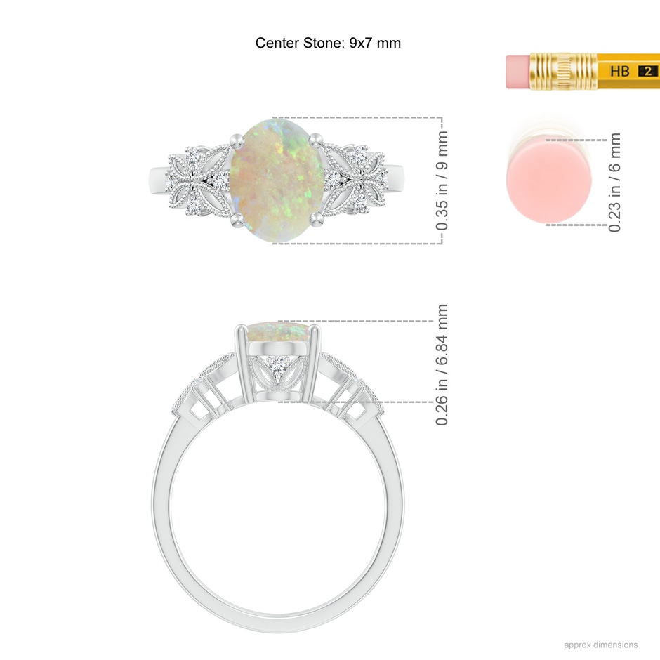 9x7mm AAA Vintage Style Oval Opal Ring with Diamonds in White Gold ruler