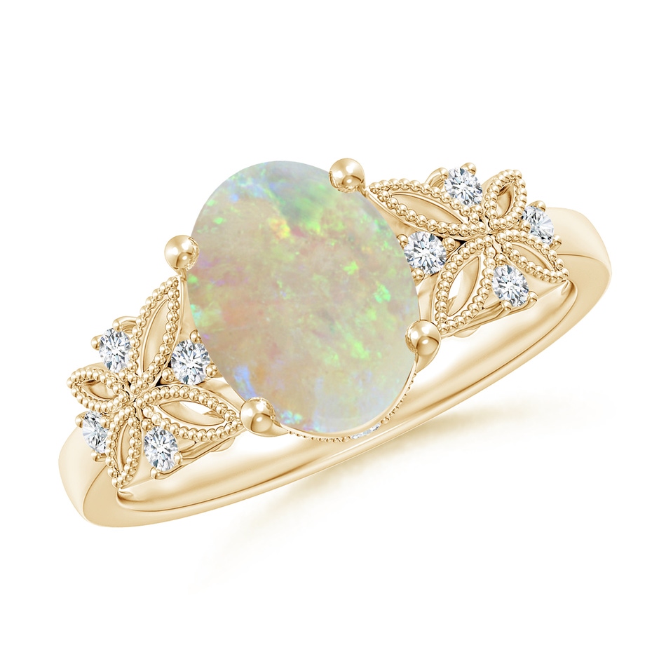 9x7mm AAA Vintage Style Oval Opal Ring with Diamonds in Yellow Gold 