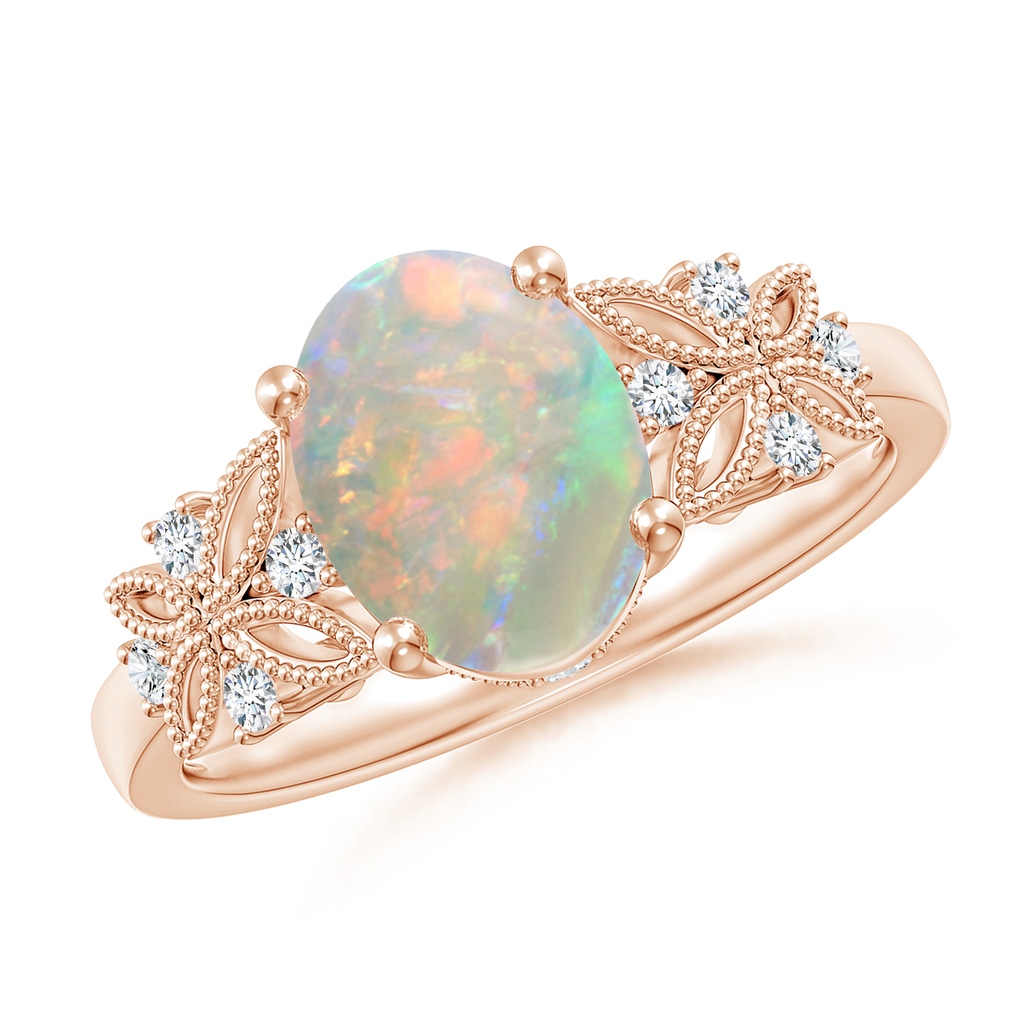 9x7mm AAAA Vintage Style Oval Opal Ring with Diamonds in 10K Rose Gold