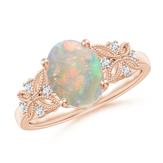 9x7mm AAAA Vintage Style Oval Opal Ring with Diamonds in 10K Rose Gold