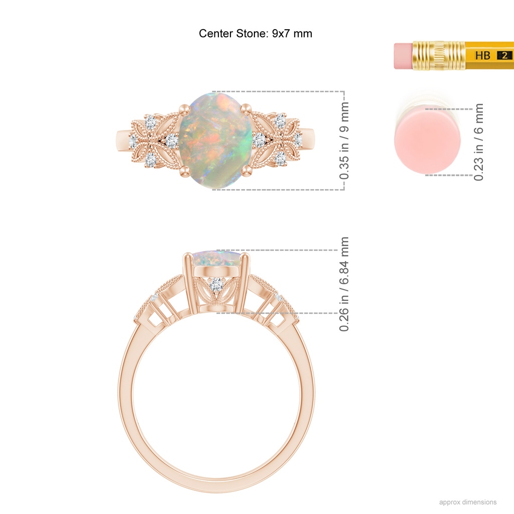 9x7mm AAAA Vintage Style Oval Opal Ring with Diamonds in 10K Rose Gold Ruler