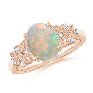 9x7mm AAAA Vintage Style Oval Opal Ring with Diamonds in Rose Gold