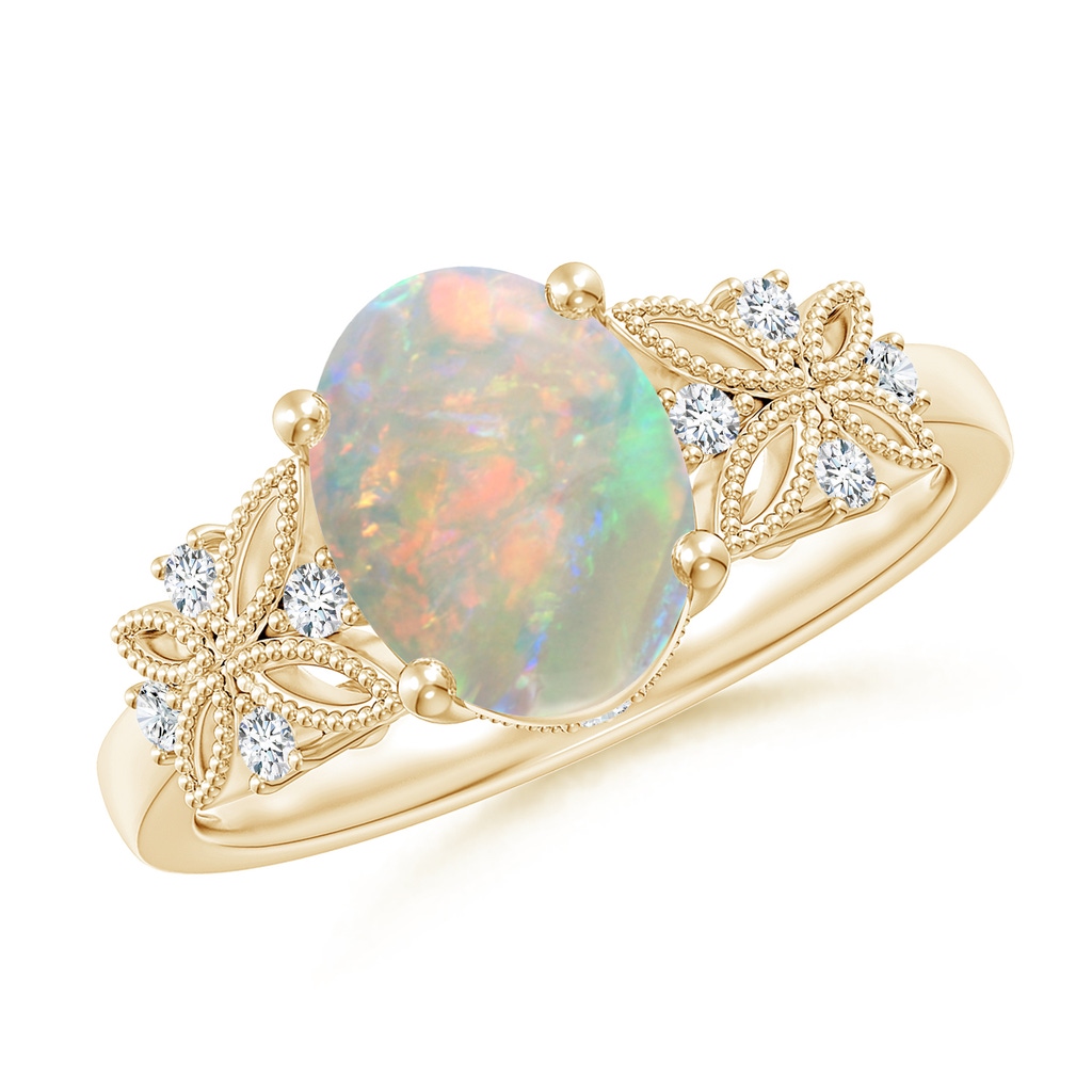 9x7mm AAAA Vintage Style Oval Opal Ring with Diamonds in Yellow Gold