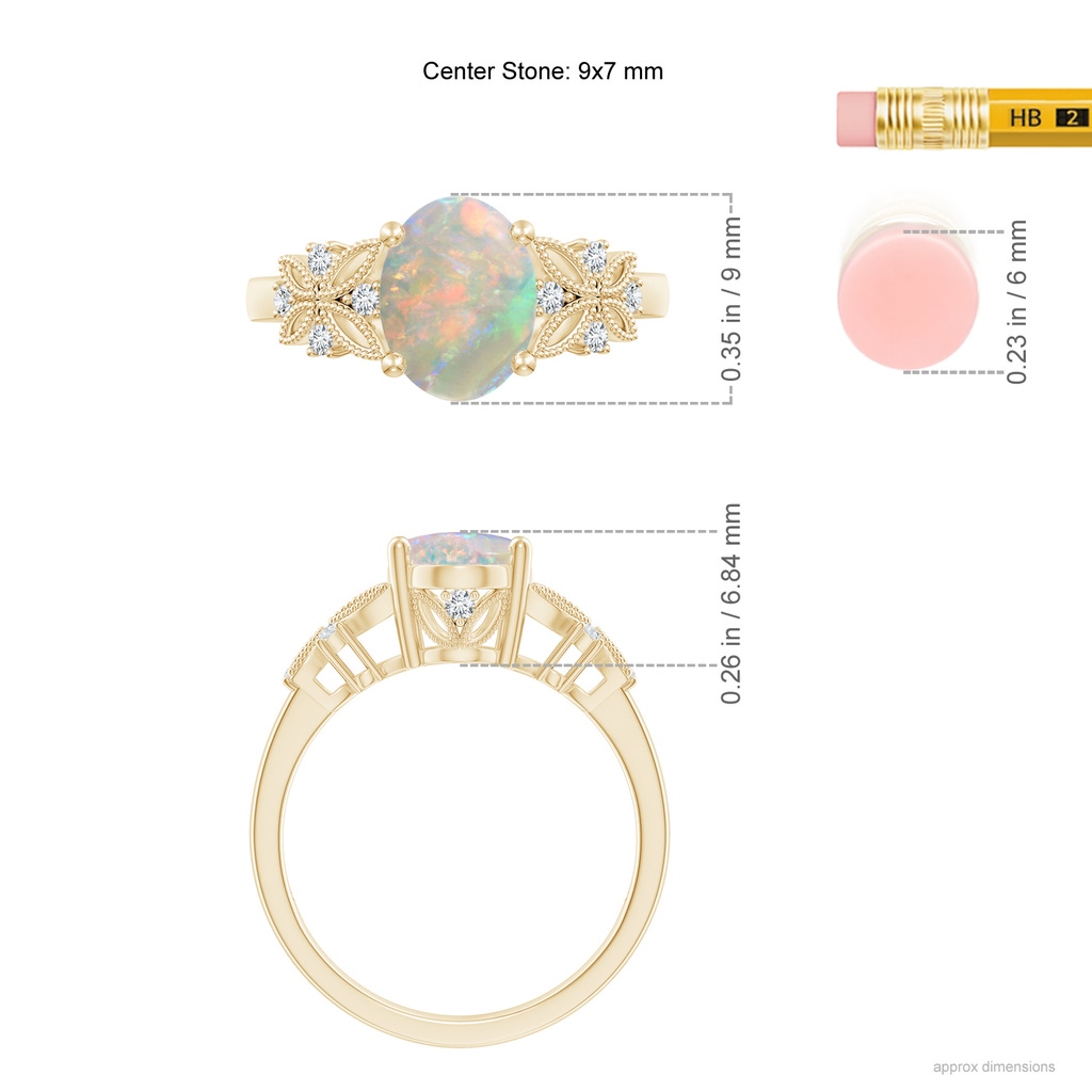 9x7mm AAAA Vintage Style Oval Opal Ring with Diamonds in Yellow Gold Ruler