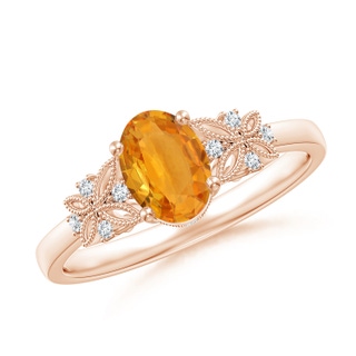 7x5mm A Vintage Style Oval Orange Sapphire Ring with Diamonds in 9K Rose Gold