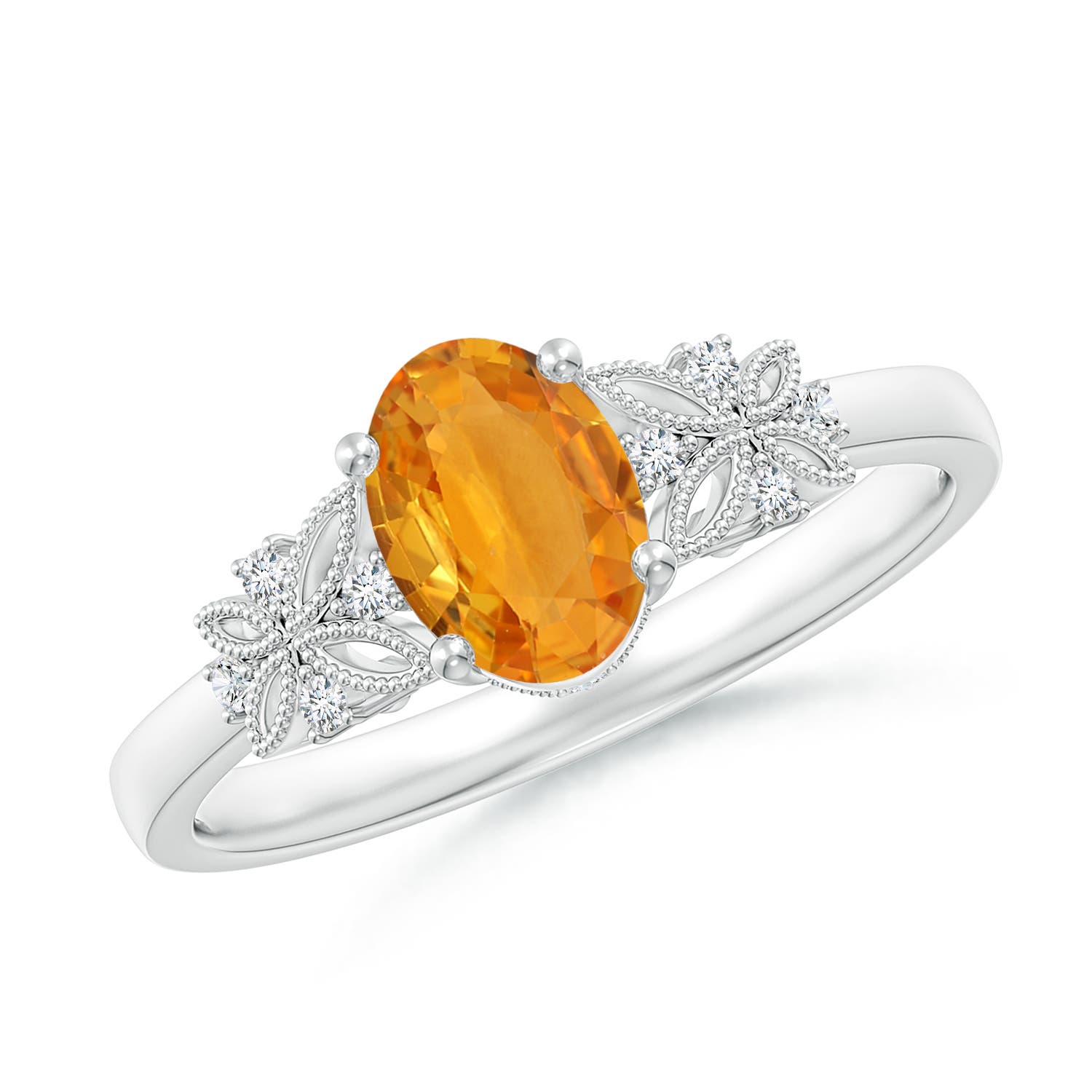 7x5mm A Vintage Style Oval Orange Sapphire Ring with Diamonds in White Gold