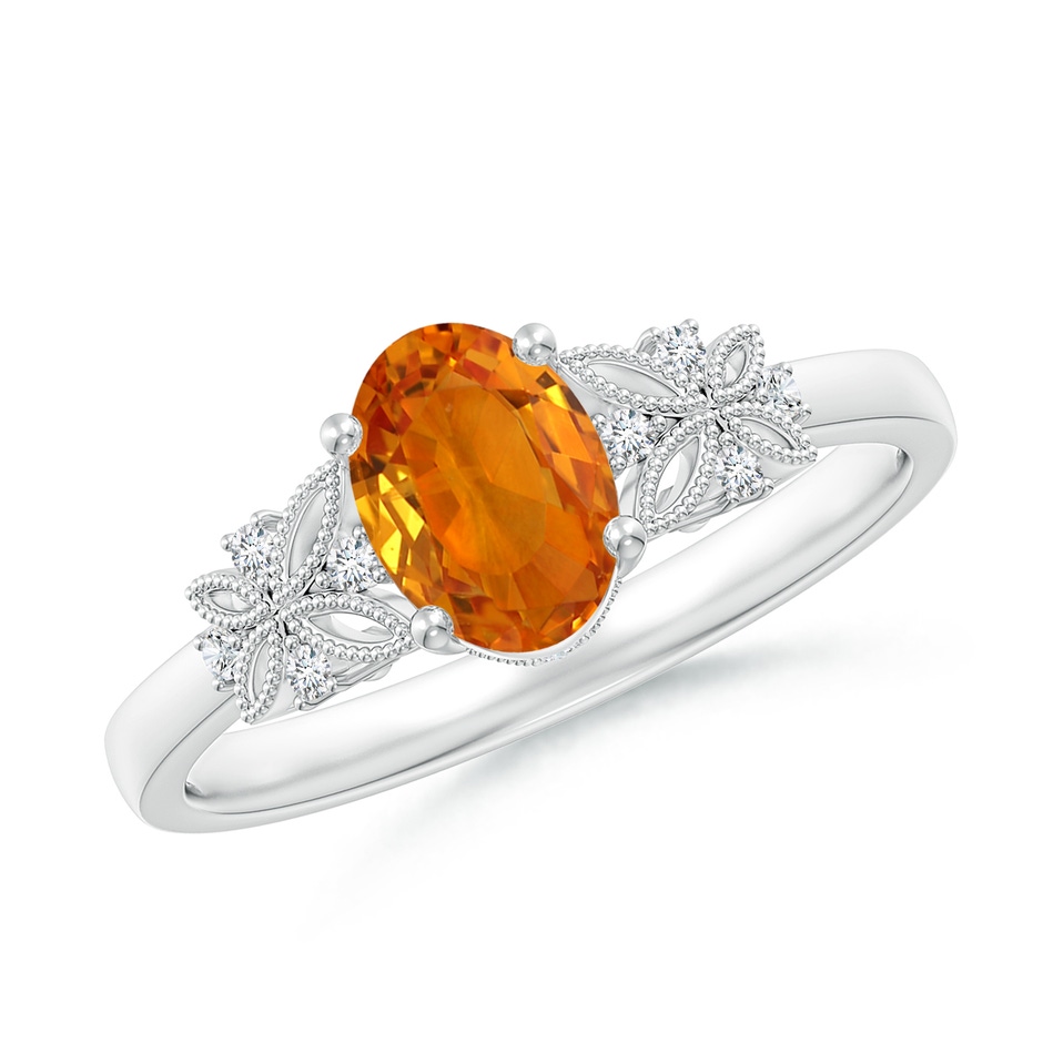 7x5mm AAA Vintage Style Oval Orange Sapphire Ring with Diamonds in White Gold 