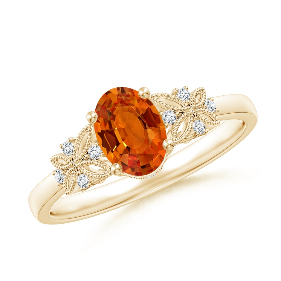 7x5mm AAAA Vintage Style Oval Orange Sapphire Ring with Diamonds in 9K Yellow Gold 
