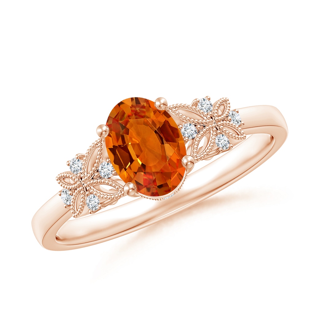 7x5mm AAAA Vintage Style Oval Orange Sapphire Ring with Diamonds in Rose Gold