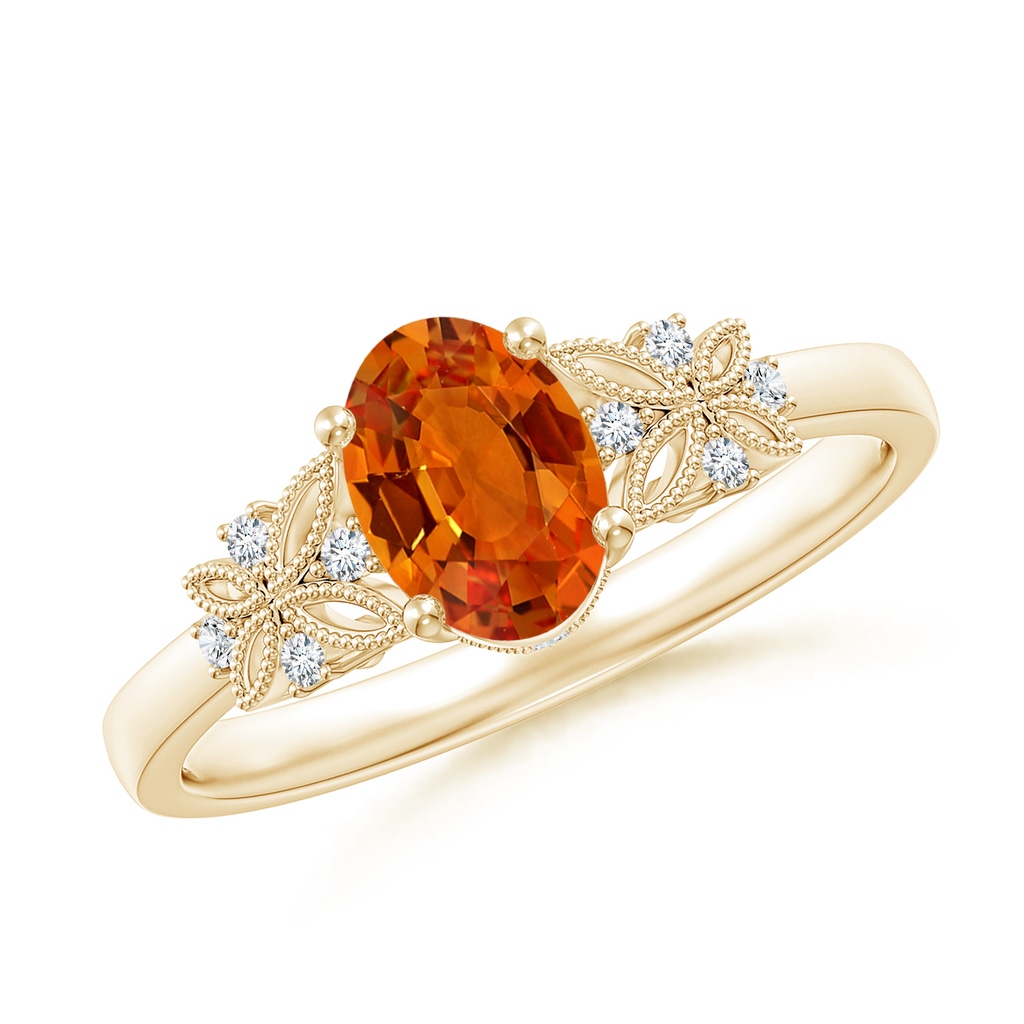 7x5mm AAAA Vintage Style Oval Orange Sapphire Ring with Diamonds in Yellow Gold