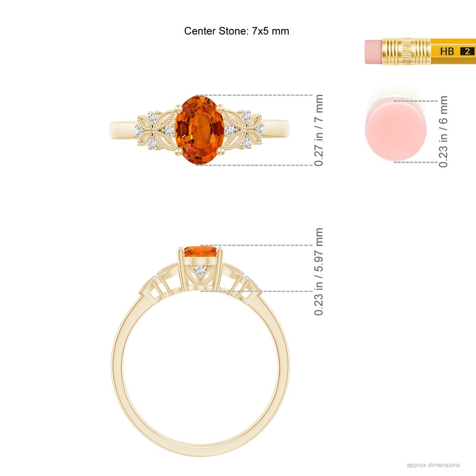 7x5mm AAAA Vintage Style Oval Orange Sapphire Ring with Diamonds in Yellow Gold ruler
