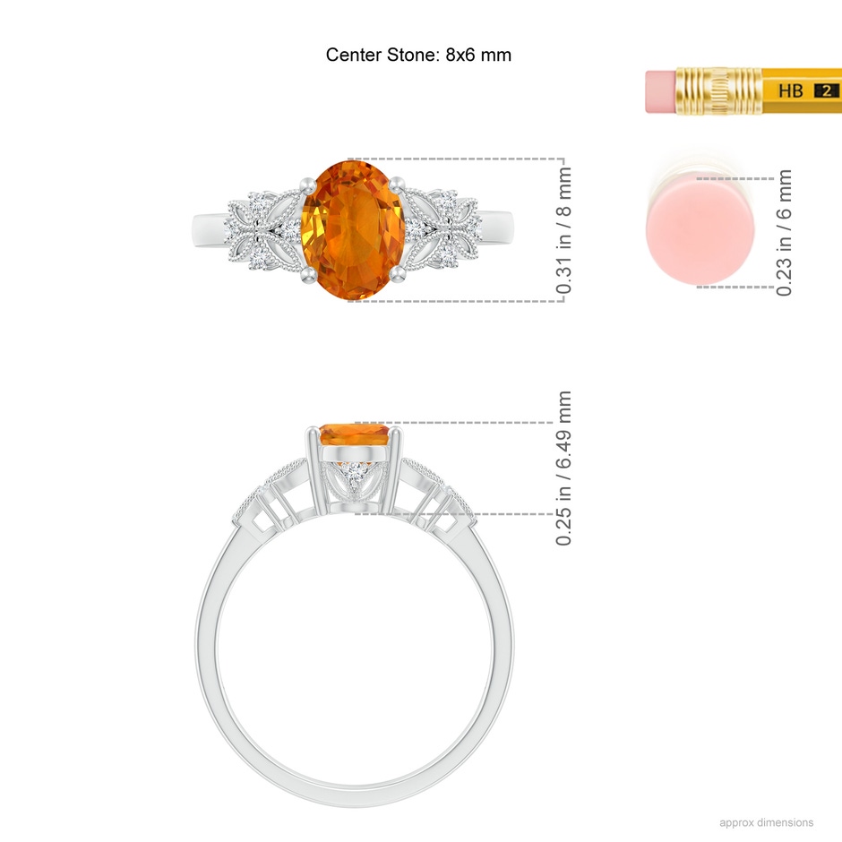 8x6mm AAA Vintage Style Oval Orange Sapphire Ring with Diamonds in White Gold ruler
