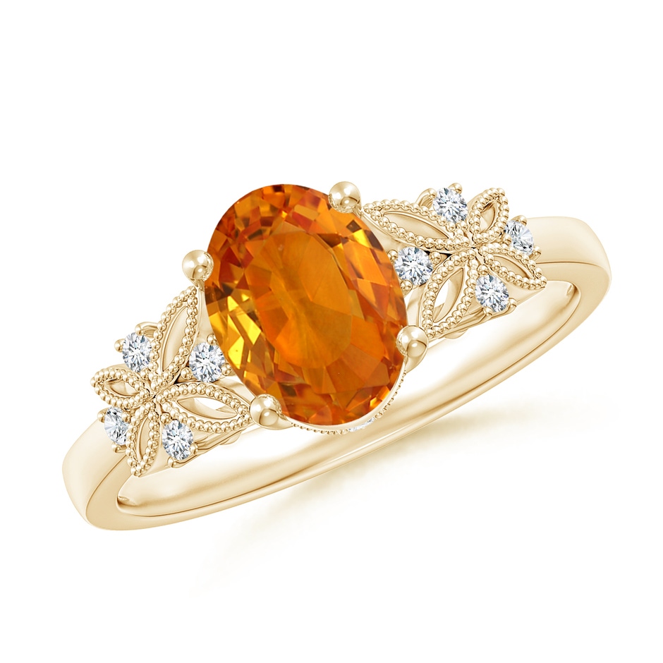 8x6mm AAA Vintage Style Oval Orange Sapphire Ring with Diamonds in Yellow Gold 