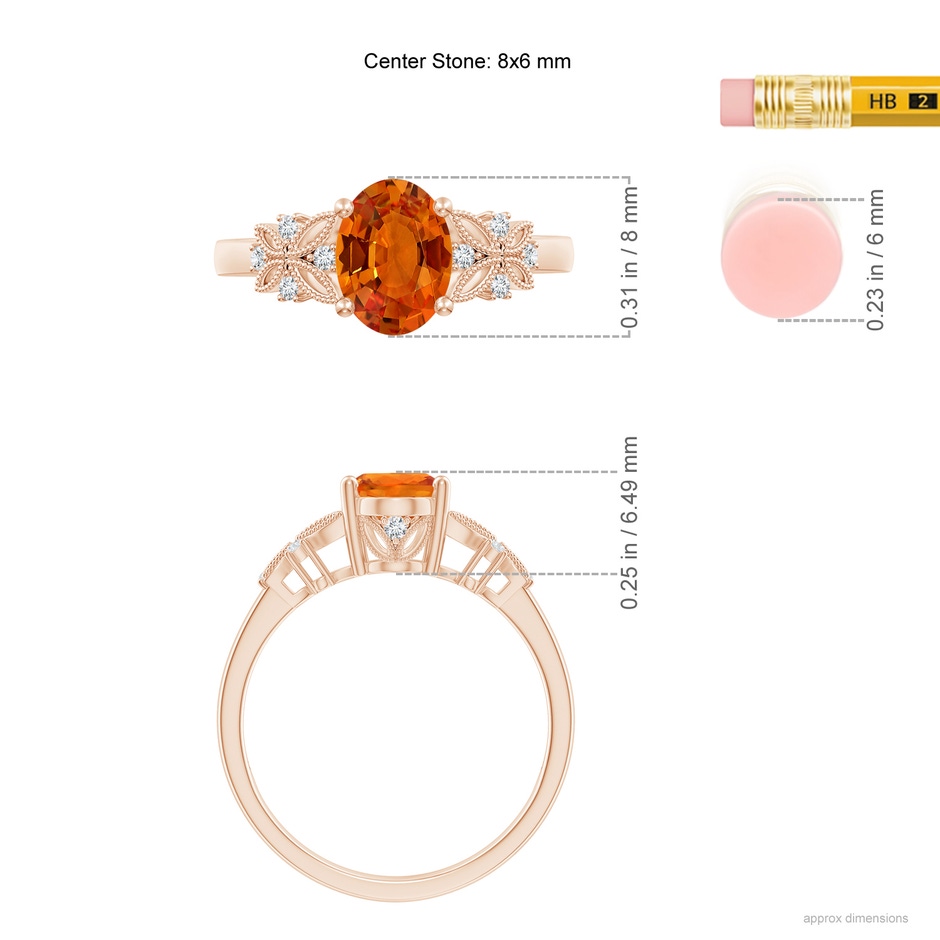 8x6mm AAAA Vintage Style Oval Orange Sapphire Ring with Diamonds in Rose Gold ruler