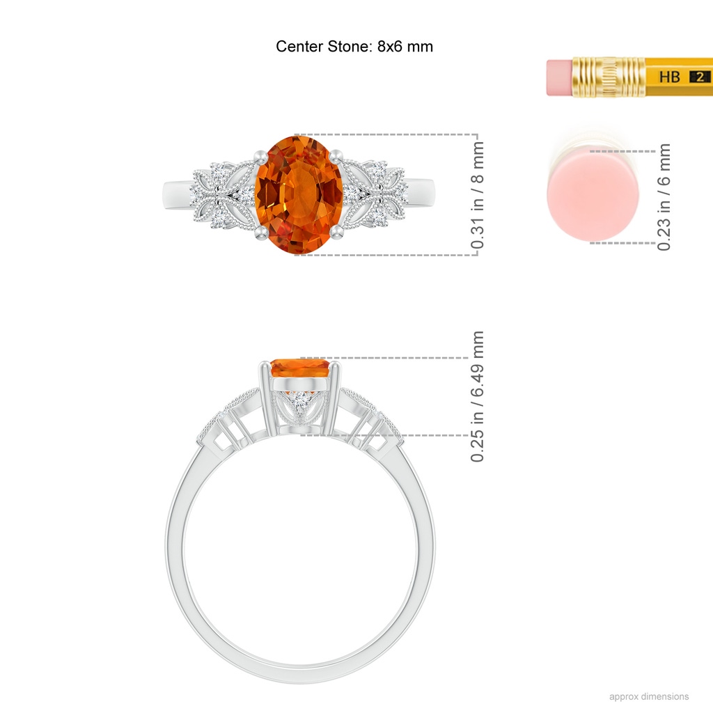 8x6mm AAAA Vintage Style Oval Orange Sapphire Ring with Diamonds in White Gold Ruler
