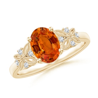 8x6mm AAAA Vintage Style Oval Orange Sapphire Ring with Diamonds in Yellow Gold