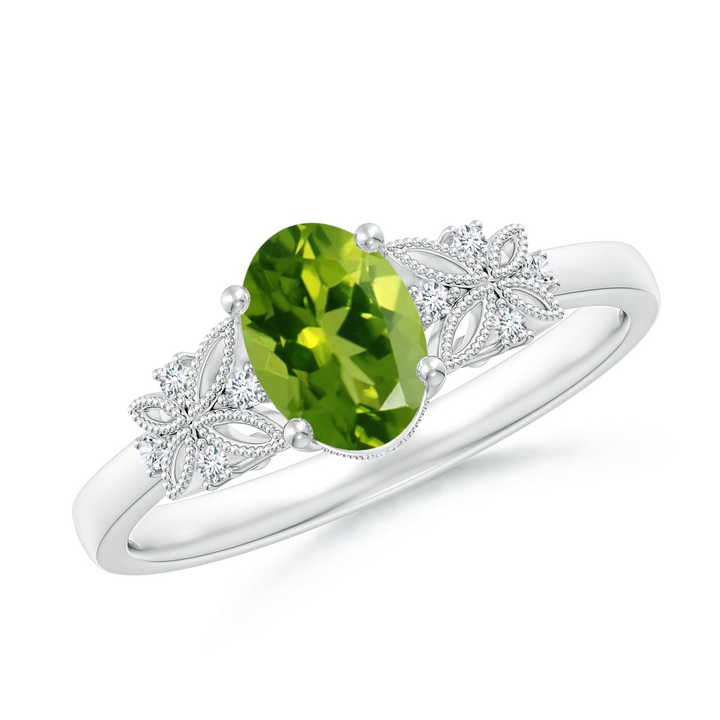 7x5mm AAAA Vintage Style Oval Peridot Ring with Diamonds in White Gold