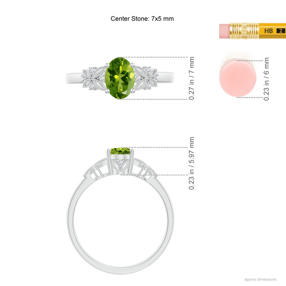 7x5mm AAAA Vintage Style Oval Peridot Ring with Diamonds in White Gold ruler