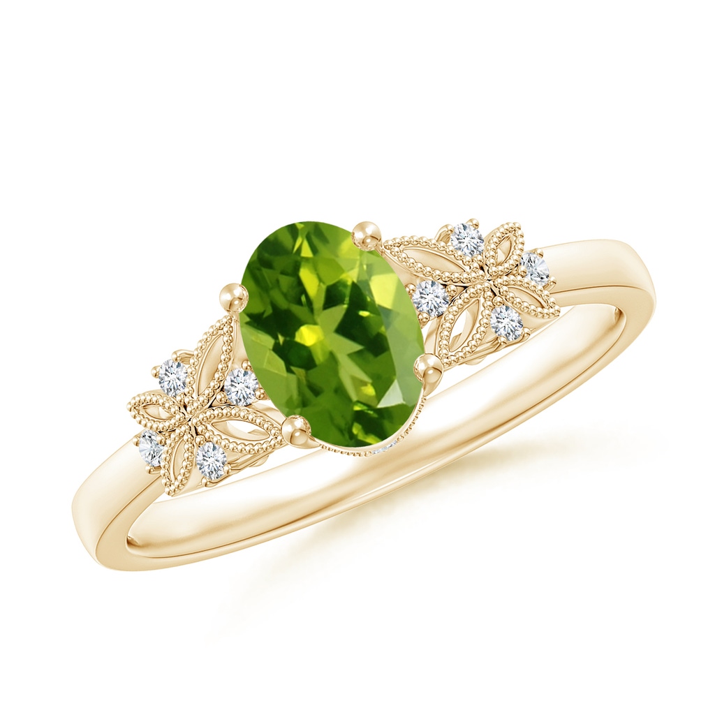 7x5mm AAAA Vintage Style Oval Peridot Ring with Diamonds in Yellow Gold