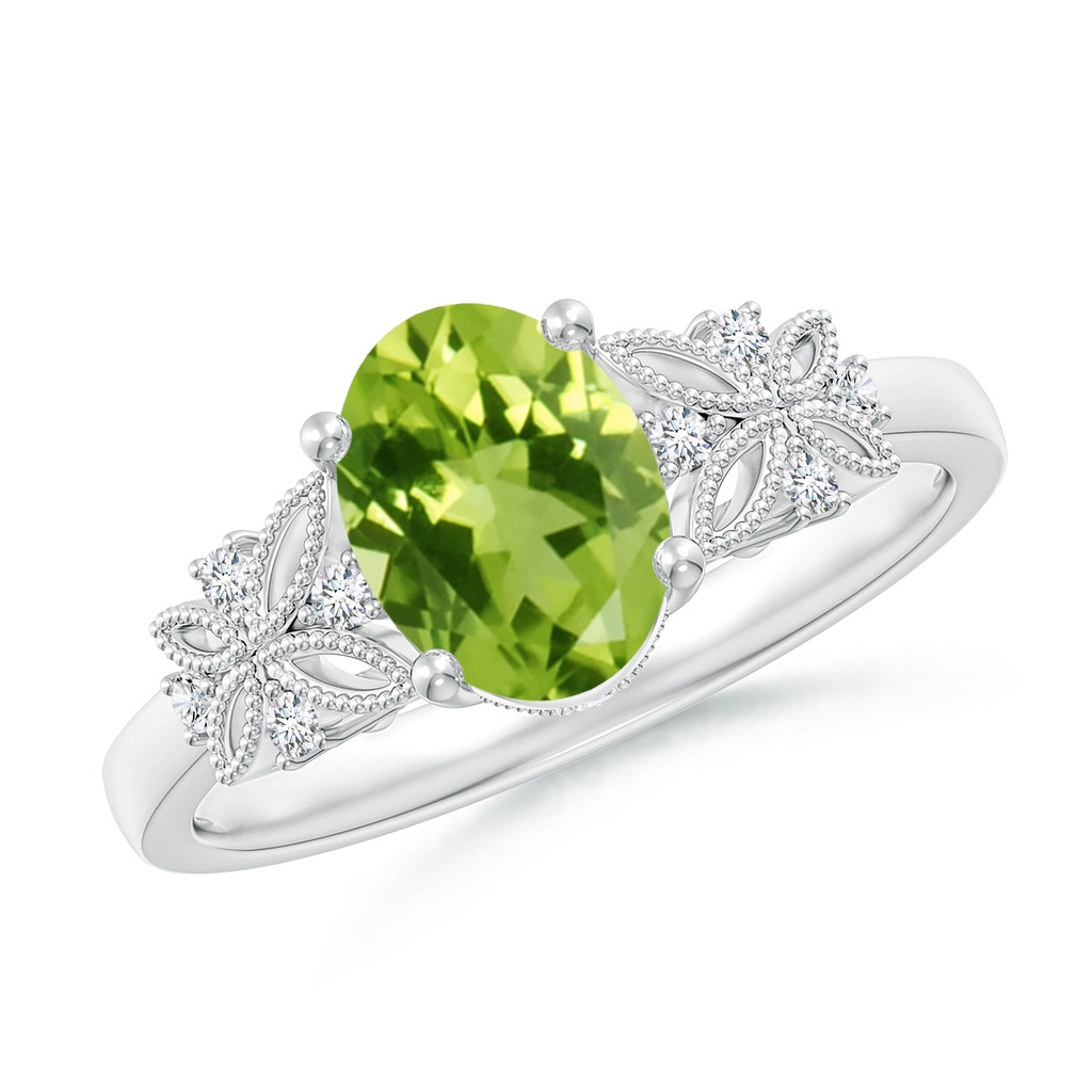 8x6mm AAA Vintage Style Oval Peridot Ring with Diamonds in 10K White Gold