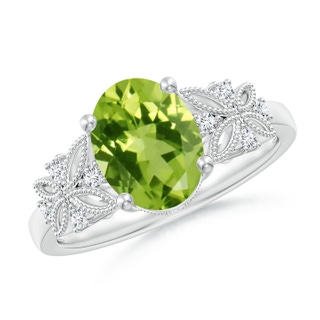 9x7mm AAA Vintage Style Oval Peridot Ring with Diamonds in White Gold