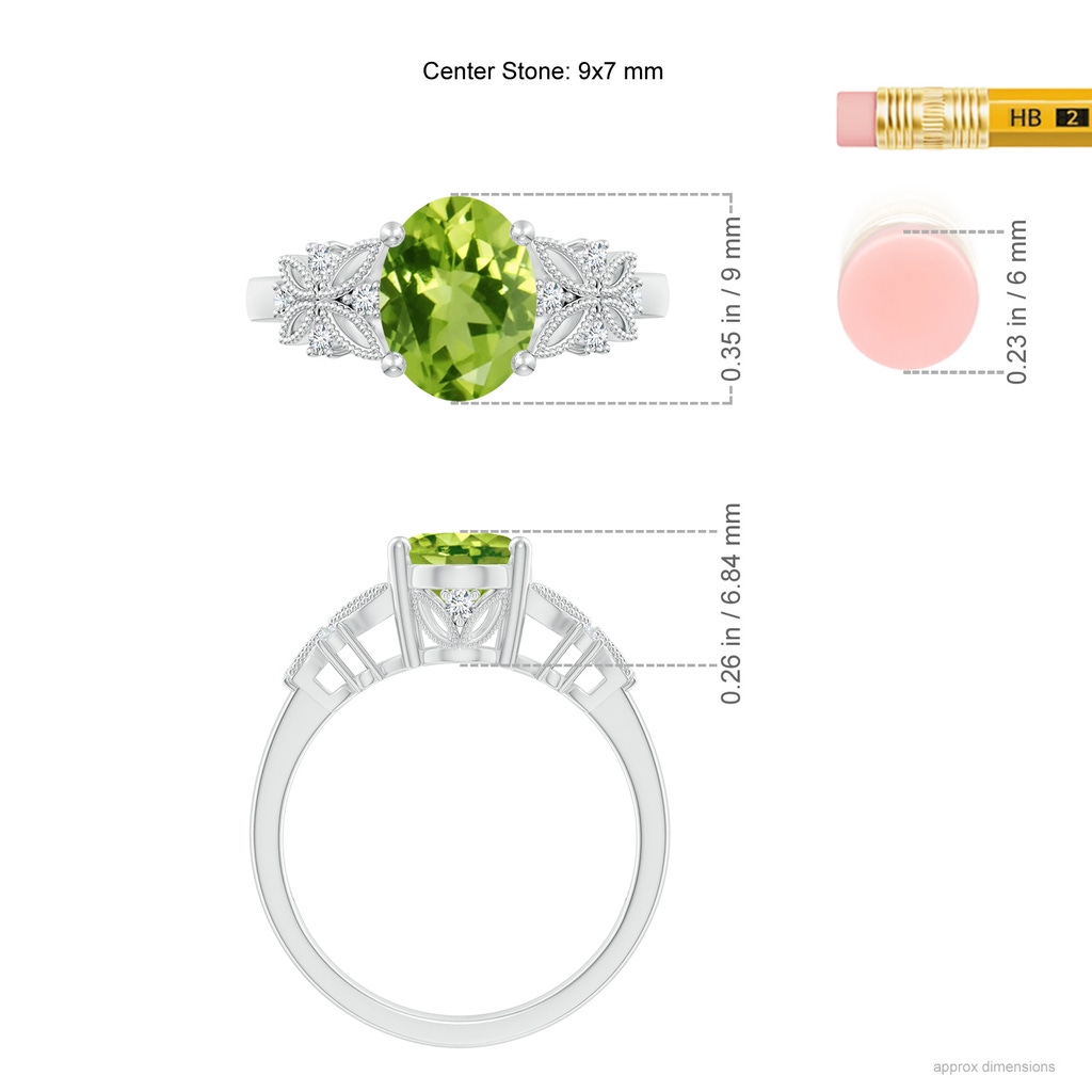 9x7mm AAA Vintage Style Oval Peridot Ring with Diamonds in White Gold Ruler