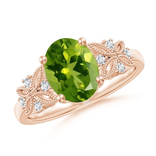 9x7mm AAAA Vintage Style Oval Peridot Ring with Diamonds in Rose Gold