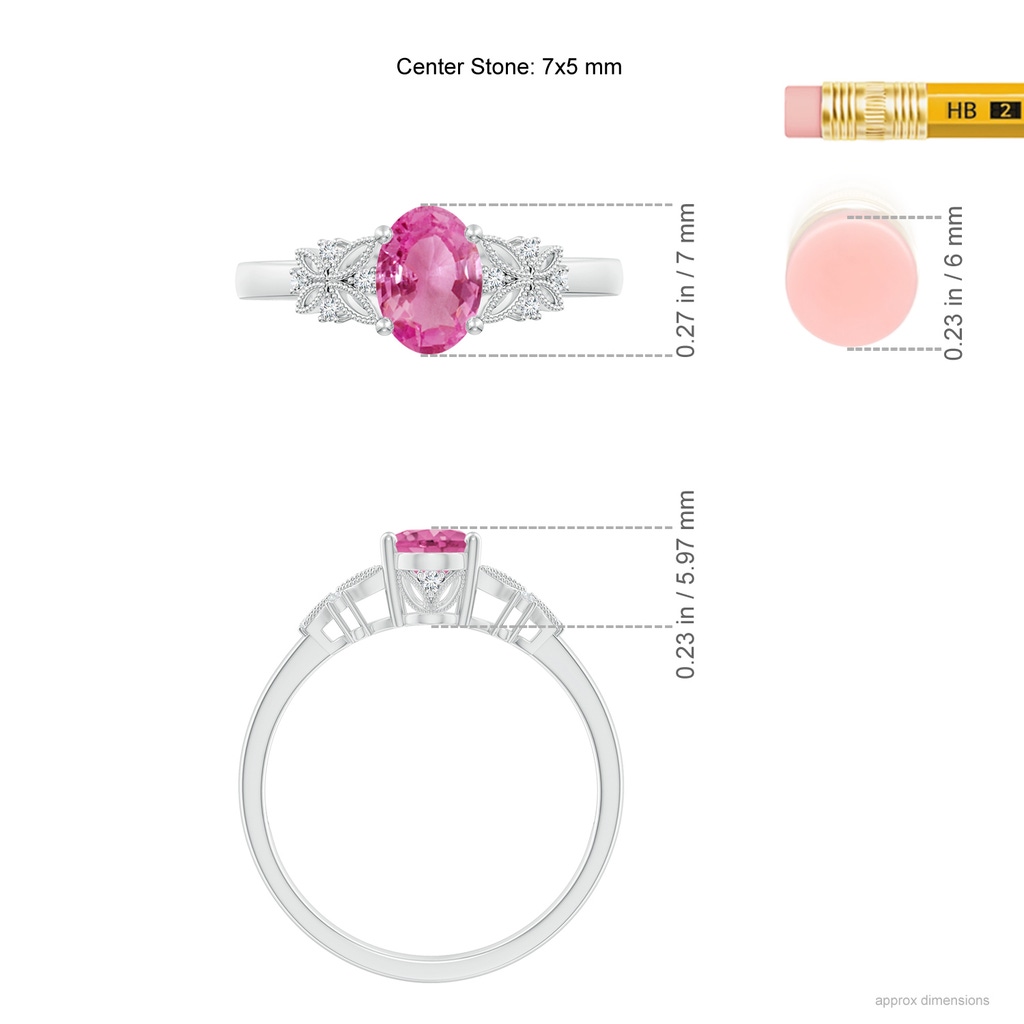7x5mm AAA Vintage Style Oval Pink Sapphire Ring with Diamonds in White Gold Ruler