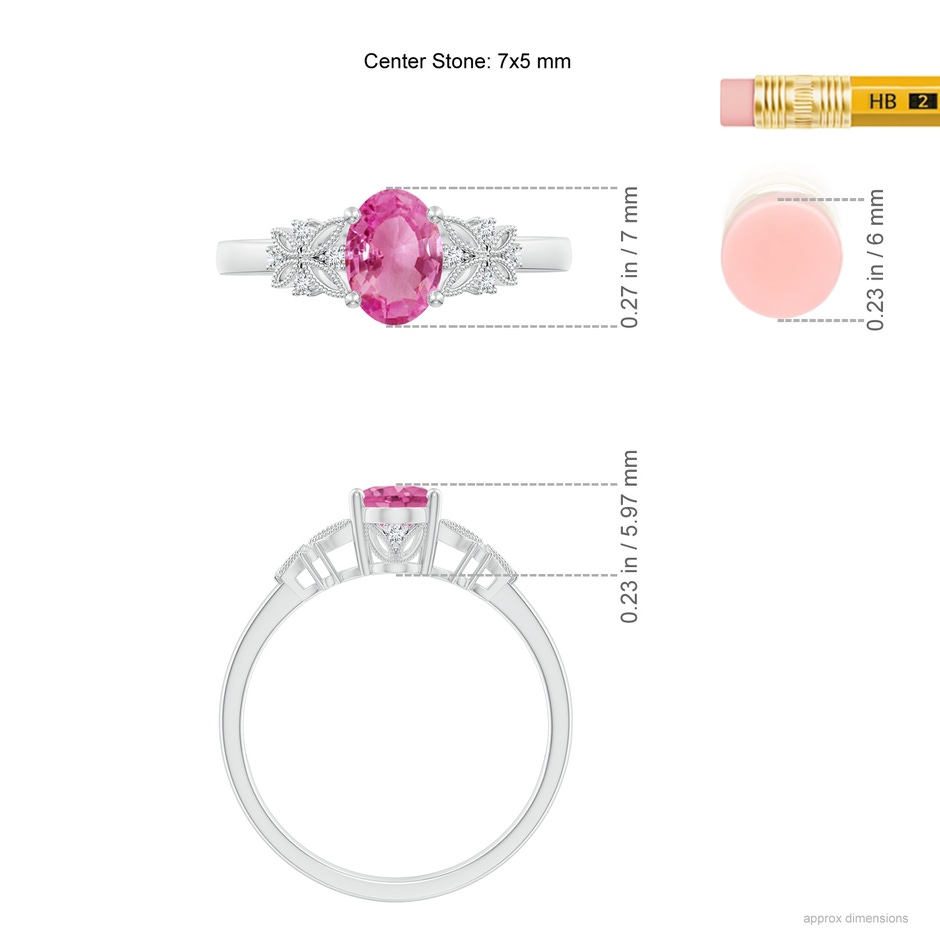 7x5mm AAA Vintage Style Oval Pink Sapphire Ring with Diamonds in White Gold ruler