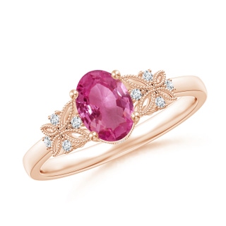 7x5mm AAAA Vintage Style Oval Pink Sapphire Ring with Diamonds in Rose Gold