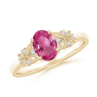 7x5mm AAAA Vintage Style Oval Pink Sapphire Ring with Diamonds in Yellow Gold