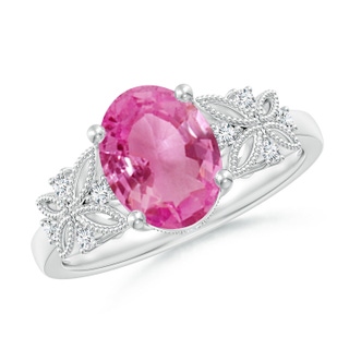 9x7mm AAA Vintage Style Oval Pink Sapphire Ring with Diamonds in White Gold