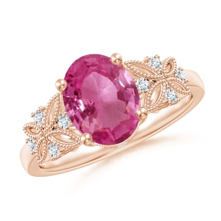 9x7mm AAAA Vintage Style Oval Pink Sapphire Ring with Diamonds in Rose Gold
