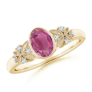 7x5mm AAA Vintage Style Oval Pink Tourmaline Ring with Diamonds in Yellow Gold