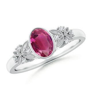 7x5mm AAAA Vintage Style Oval Pink Tourmaline Ring with Diamonds in White Gold