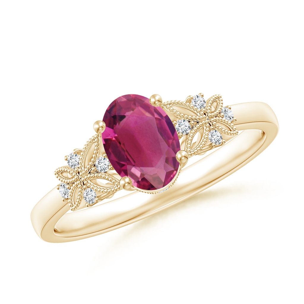 7x5mm AAAA Vintage Style Oval Pink Tourmaline Ring with Diamonds in Yellow Gold